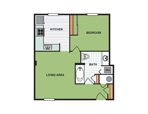 Floor plan for 1 bed, 1 bath, 598 sqft